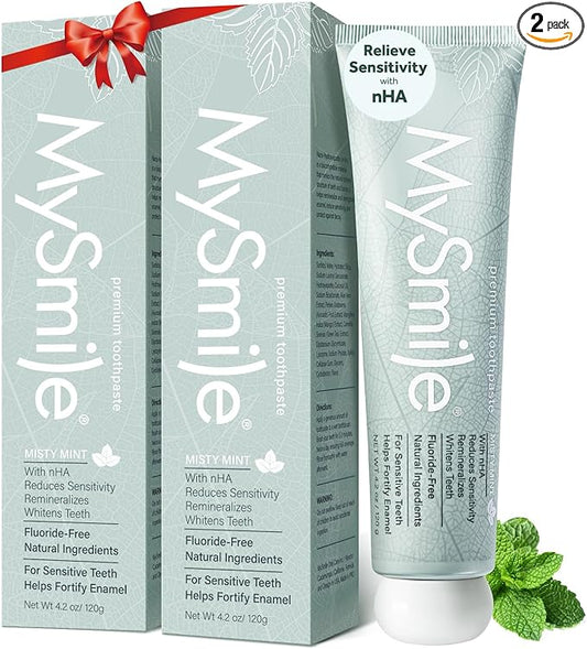 MySmile Fluoride Free Nano Hydroxyapatite Toothpaste for Sensitive Teeth, Strengthens Enamel, Remineralizes & Whitens Teeth, Freshens Breath for Adults, SLS Free, Natural Misty Mint, 4.2 oz, 2 Pack