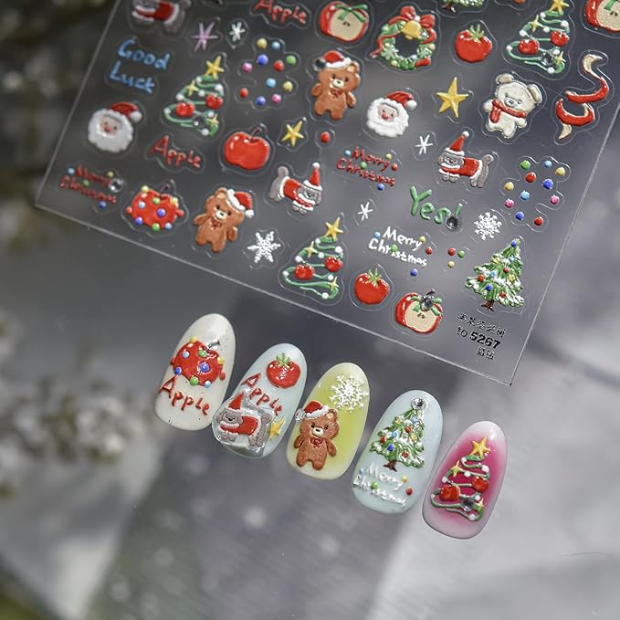 Christmas Nail Art Stickers 5D Diamond Xmas Nail Decals 1PCS Xmas Trees Apple Santa Claus Bear Christmas Nails Design Cute Holiday Nail Stickers Nail Art Supplies for Women DIY Manicure Decorations
