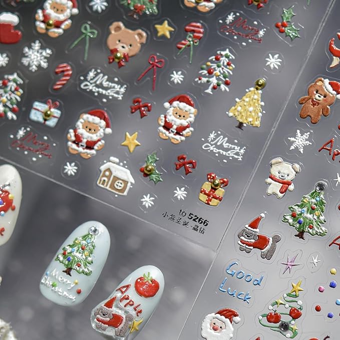 Christmas Nail Art Stickers Decals 5D Embossed Santa Claus Xmas Tree Nail Decals with Crystal 1PCS Cute Bear Bow Candy Cane Snowflake Christmas Nails Adhesive Stickers for Holiday Manicure Decorations