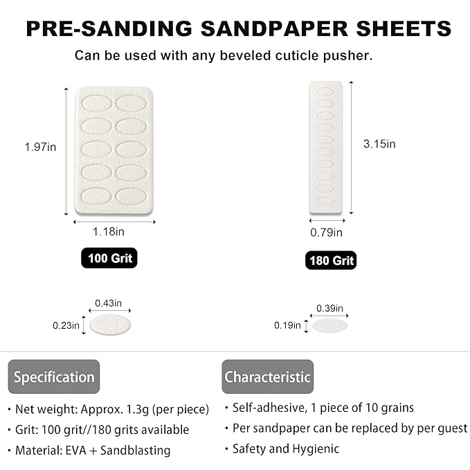 Pre-treatment Cuticle Pusher, Russian Prep Nail Pushers, Dual Ended Cuticle Remover with 100/180 Grit Sandpaper Sheets, Nail Care for Manicure Pedicure Nail Art