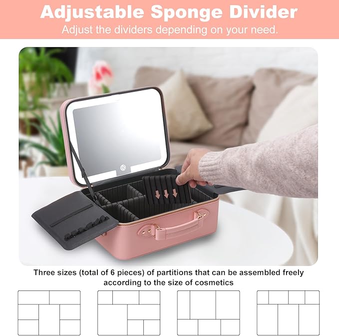 Mocado Travel Makeup Bag with LED Lighted Mirror,Makeup Case with 3 Color Lighted Setting and 10x Magnifying Mirror, Portable Storage and Adjustable Dividers (Pink with Hard Leather)