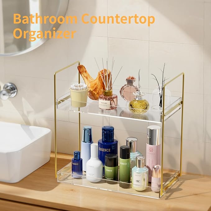 Bathroom Countertop Organizer, 2 Tier Acrylic Tray Vanity Counter Skincare Organizer Shelf, Kitchen Under Sink Standing Rack, Home Storage Holder for Lotion Makeup Cosmetics Perfume Spice, Gold