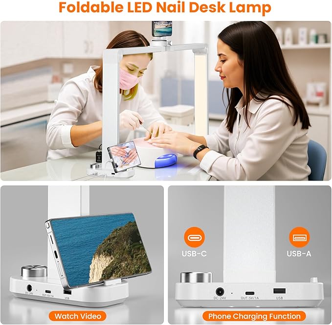 Nail Light for Desk,34 Inch 48W Half Moon Light-Adjustable 3000K-6000K Color Temp, 0-100% Brightness,Nails lamp with Phone Stand,for Nails Art,Tattoo,Eyebrow,Beauty,Reading,Salon