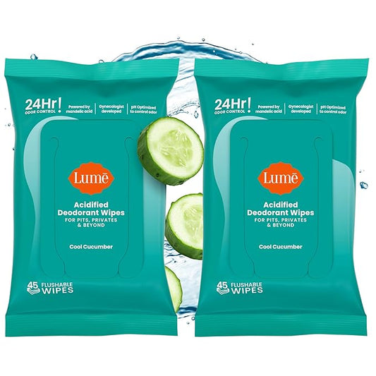 Lume Acidified Deodorant Wipes - 24 Hour Odor Control - Aluminum Free, Baking Soda Free, Skin Loving - 45 Count (Pack of 2) (Cool Cucumber)