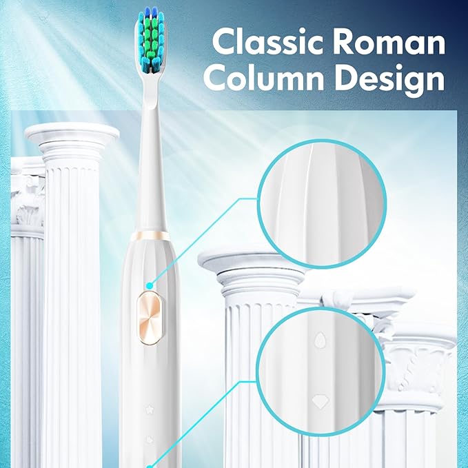Sonic Electric Toothbrush for Adults and Kids, Ultrasonic Toothbrush Rechargeable with 9 Brush Heads, 5 Modes and 2 Minutes Smart Timer, 4Hours Charge for 60 Days, Roman Column Handle (White)