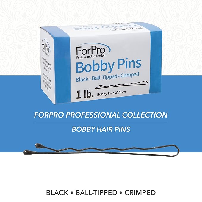 ForPro Professional Collection Bobby Pins (400-Count Approx), Black, 2" L, Ball-Tipped, Crimped, Non-Slip, Non-Damaging, 1 Lb.