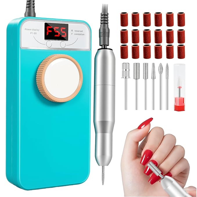 Professional Nail Drill Electric File, GEEZO 55000RPM Portable Cordless Nail Drill Machine with Bits, Rechargeable E File for Acrylic & Gel Nails, Manicure & Pedicure Tech Tool for Home Salon (Green)