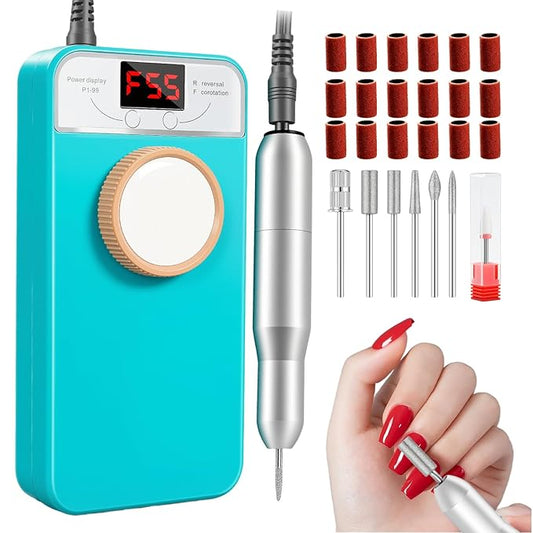 Professional Nail Drill Electric File, GEEZO 55000RPM Portable Cordless Nail Drill Machine with Bits, Rechargeable E File for Acrylic & Gel Nails, Manicure & Pedicure Tech Tool for Home Salon (Green)