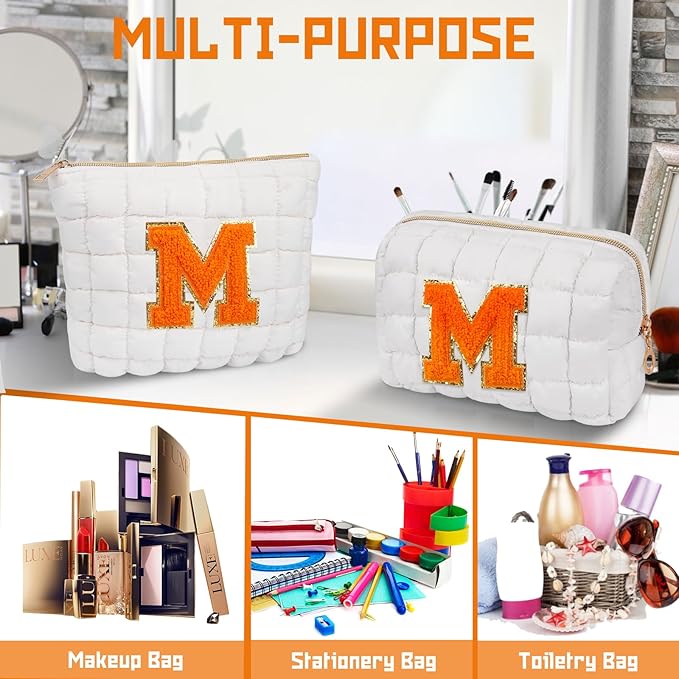 2PCS Initial Checkered Makeup Bag, Large Quilted Cosmetic Bag, Cute Make up Pouch for Purse, Travel Toiletry Storage Bag for Women Preppy Teen Girls Gift Trendy Stuff Gift (White K)