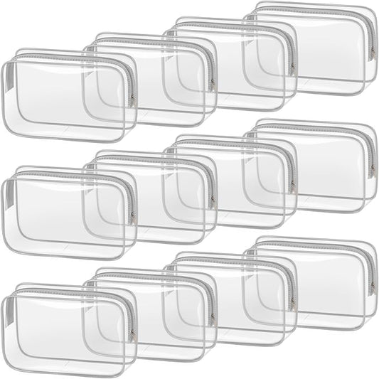 TISRATOK 12 PCS Clear Makeup Bag for Women with Zipper, TSA Approved Toiletry Pouch, Cosmetic Bag Bulk for Travel Organizer Essentials - Grey,Medium