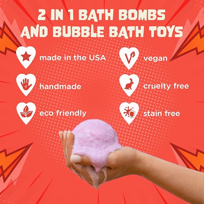 Superhero Bath Bombs for Kids with Surprise Toys Inside (6 Pack) - Large Bubble Bomb Fizzies for Boys, Girls, & Toddlers - Fruity Scents, Relaxing Aromas, Made in USA, Birthday Gift by Two Sisters