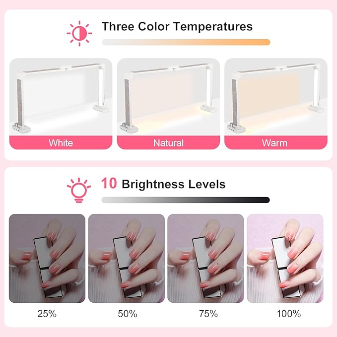 34in Half Moon Light for Nail Desk, Foldable LED Lamp for Nail Art, Tattooing, Craft Making, Stepless Dimming, 3000-6000K Color Temperature Adjustment, 456 Light Beads, White with Diamond