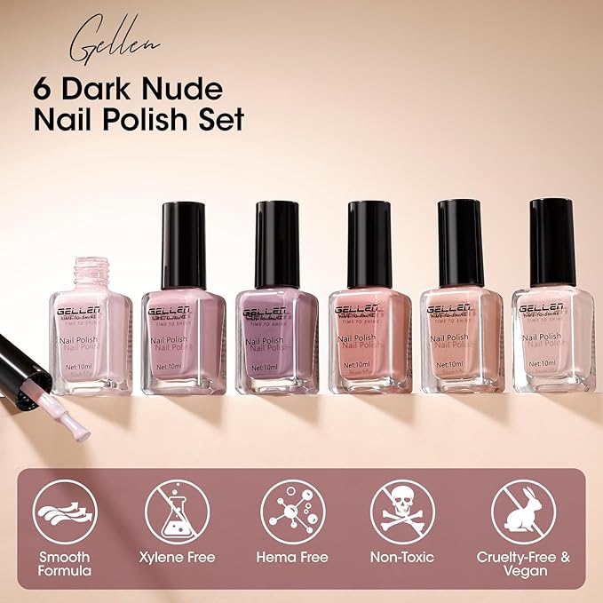 GELLEN Nail Polish Neutral Earth Tones, Nude Dusty Rose Fall Winter Air Dry Regular Nail Polish 6-color Set for Finger Toe Nails Home Salon All Seasons, Not UV Gel, Hema Free, Non Toxic, TPO Free