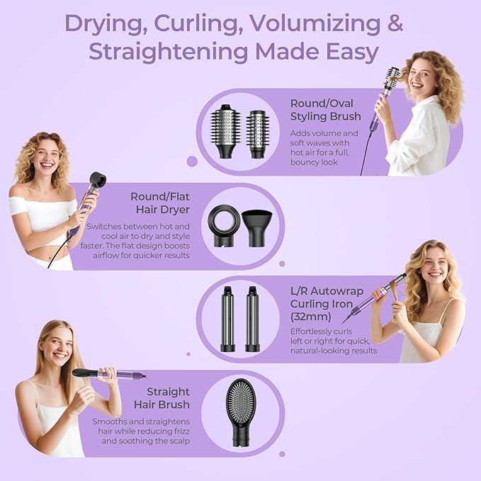 7 in 1 Blow Dryer Brush Set – Hot Air Styler for Fast Drying, Curling, Straightening & Volumizing – Ionic Hair Dryer Brush with 1500W Power – No Heat Damage for All Hair Types – Lilac