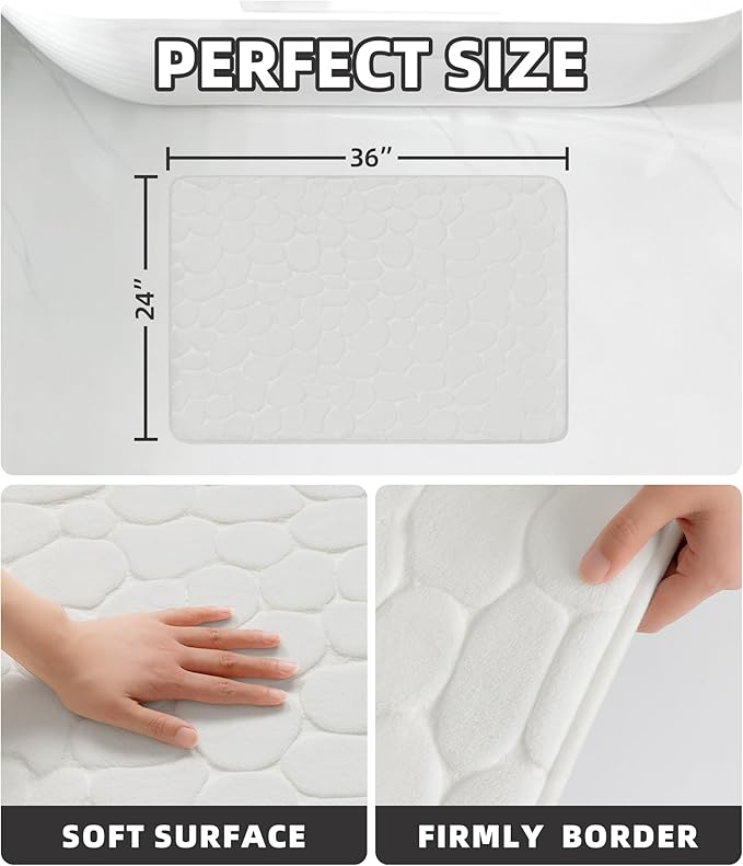 YIHOUSE Memory Foam Bath Mat Cobblestone Bathroom Rugs Super Water Absorbent Bath Mats for Bathroom Machine Washable Bath Rugs(24 x 36,White)