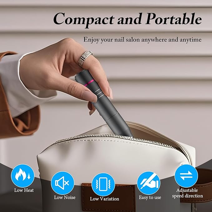 Electric Nail Drill, Ultra Quiet Low Vibration Electric Nail File, Portable Electric Nail File for Crystal Gel Nails, Manicure Pedicure Tools Polishing Set for Home and Salon Use (Grey)