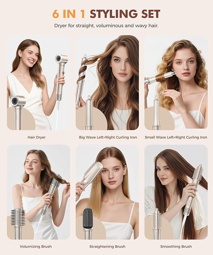 6-in-1 Hair Dryer Brush, Hair Styler with Automatic Curlers, 150,000 RPM High-Speed Negative Ionic Hair Dryer Fast Drying, Blow Dryer Brush for Curling/Volumizing/Straightening with Travel Bag, Gold