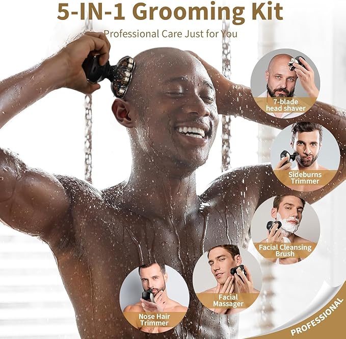 SHPAVVER Head Shavers for Bald Men: 5-in-1 Electric Razor - IPX7 Waterproof Shaving Grooming Kit for Balder - Turbo Speed & Precision Blades (Little Gold)
