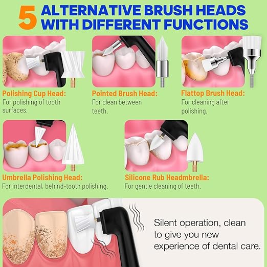 Tooth Polisher, RRZIOM Rechargeable Teeth Polisher for Teeth Whitening and Cleaning Kit, Waterproof Tooth Polish Dental Tools with LED Light, 5 Brush Heads, 5 Speed Modes, Tooth Polishing Kit