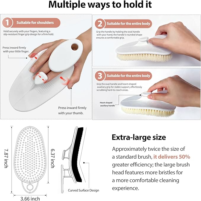 Ergonomic Large Size Back Cleansing Brush for Men & Women's Showers Extra-Large Curved Soft-Bristle Brush for Body Cleansing & Exfoliation,White