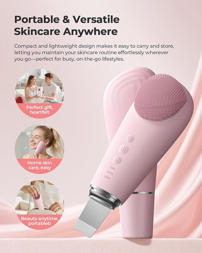 Facial Cleansing Brush & Massager, 2 in 1 Facial Skin Scrubber Waterproof and Rechargeable Face Scrub for Deep Cleansing Vibrating Exfoliator Scrubber Skin Care with 7 Modes, Gentle Exfoliating - Pink