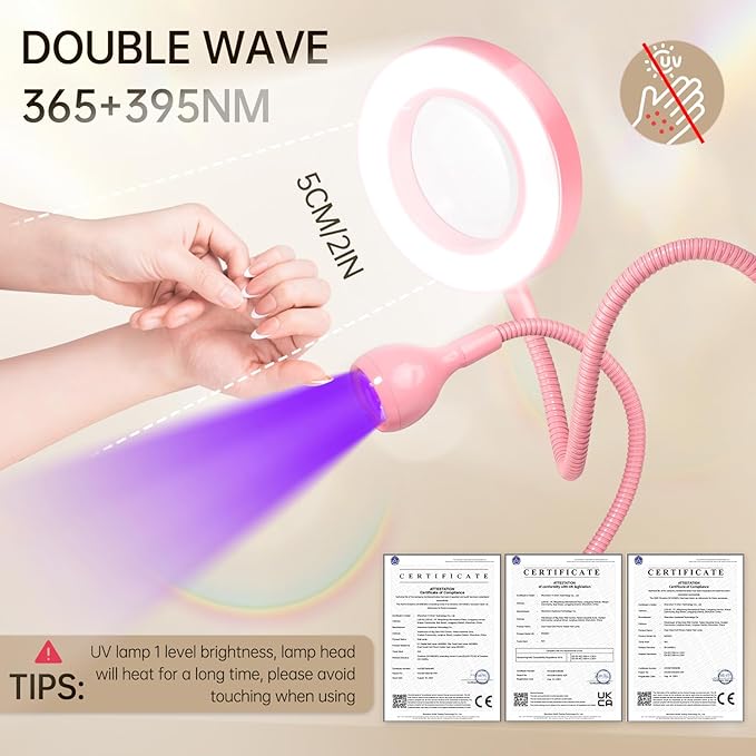 AORAEM LED UV Nail Lamp: Double-Headed Gooseneck U V Lamp for Gel Nails, LED Flash Cure Light with 6X Magnifier Home DIY Salon, Pink