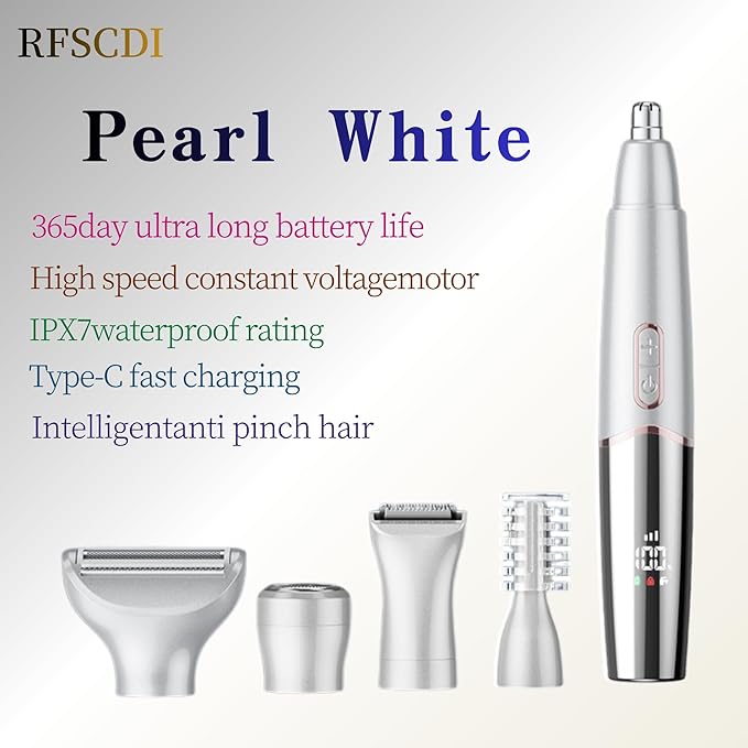 5-in-1 Rechargeable Nose & Ear Hair Trimmer - IPX7 Waterproof Dual Edge Grooming Kit for Men & Women, Perfect for Hair Removal of Nose, Eyebrows, Beard, Bikini, and Facial Hair (White)