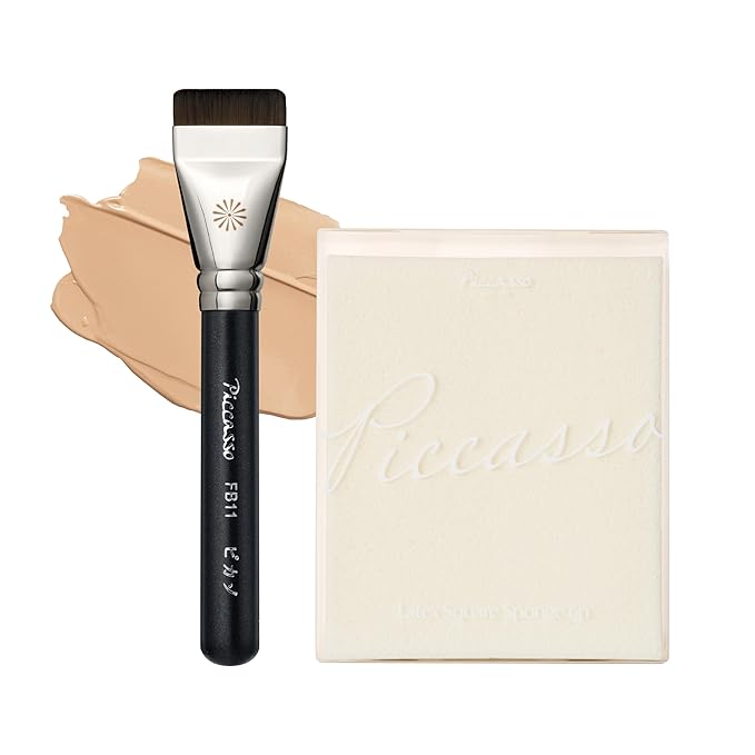Piccasso FB11 Foundation Brush Makeup Set – FB11 Spatula Foundation Brush & 6P Latex Round Makeup Sponges, Seamless Coverage, Dewy & Matte Finish, Korean Makeup Tools for Flawless Skin