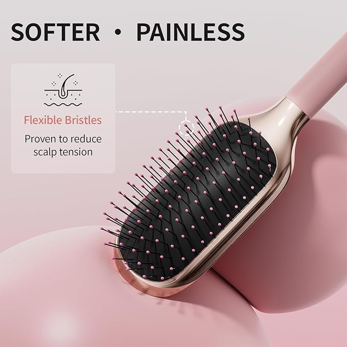MELBANG Paddle Hair Brush（Soft Bristles） – Pink Hair Brush for Women & Men, Adults & Kids, Ideal for Thin, Damaged Hair, Wet & Dry Use, Detangling & Smoothing Brush