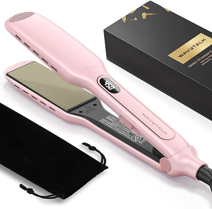 Wavytalk Wet to Straight Hair Straightener, Titanium 1.75 Inch Wide Vent Sesh Flat Iron for Damp or Dry Hair, Straightener with Dual Voltage Leave Silky Smooth Look, 20% Faster Styling, Pink