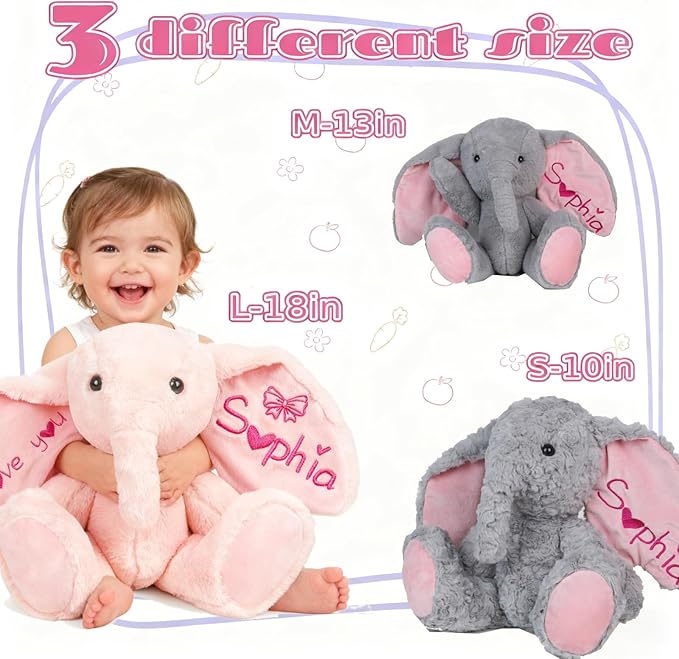 Personalized Elephant Stuffed Animals for Babies, Custom Plush with Embroidered Name, Stuffed Elephant Toys for 3 Years Old Girl Gifts, Birthday Easter for Baby Boys Girls Toddlers Newborn