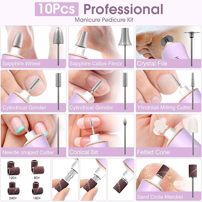 Professional Manicure Pedicure Kit with 360° LED Light&10 Speeds&Memory Mode with Case, Cordless Electric Nail Drill, Pedicure Tools for feet,Hand Foot Care Nail File for Thick Nail Toenail Cuticle
