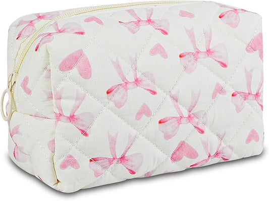 Quilted Makeup Pouch,Cotton Puffy Makeup Bag, Coquette Cosmetic Bag for Women and Girls, Aesthetic Organizer Bag, Cute Flower Travel Toiletry Bag