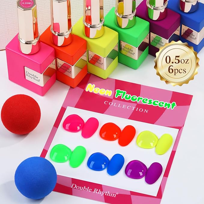 Double Rhythm 6 Pcs 15 ML Gel Polish Set Same Color Same Bottle Soak Off Gel Polish Kit Nail Art Manicure Salon DIY at Home for Women (Neon Green Red Pink Blue Purple-T6-12)