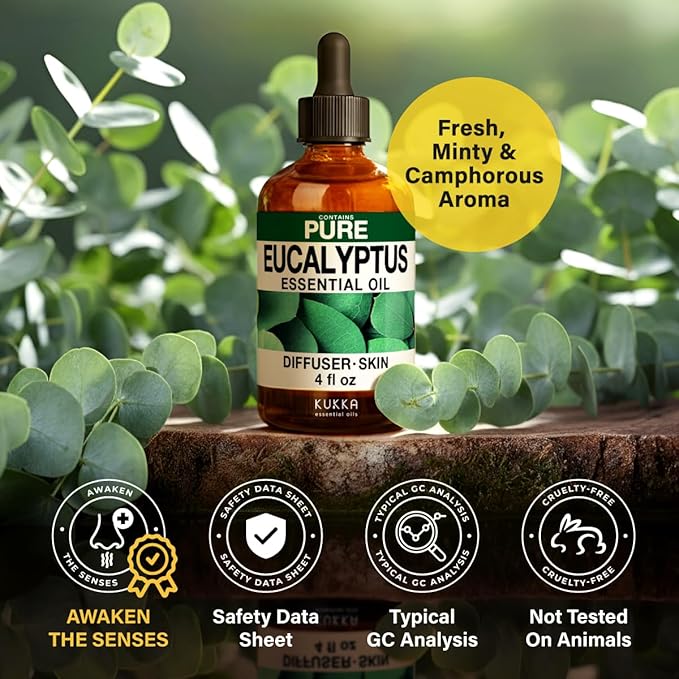 KUKKA Eucalyptus Essential Oils - 4 Fl Oz - for Hair, Skin, Diffuser, Aromatherapy & DIY Soap Making Scent