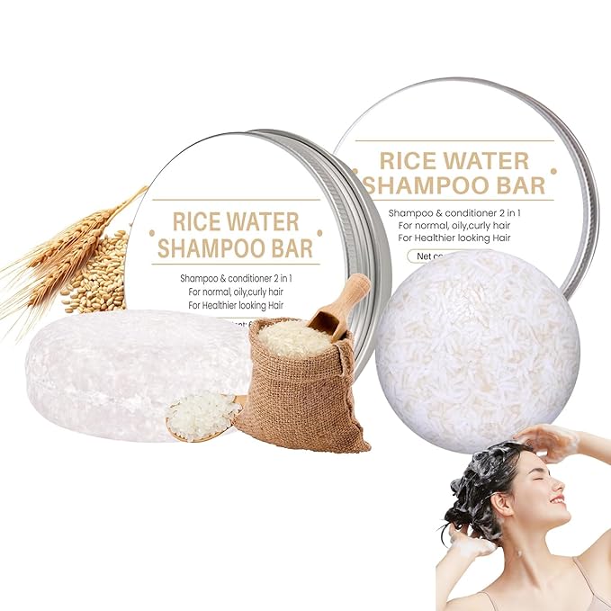 2 in 1 Rice Water Shampoo & Conditioner, 2 Pcs Natural Rice Water Shampoo Bar for Hair Improve, Hydrating & Moisturizing Dry Hair, Reducing Frizz Solid Bar Soap for Women and Men