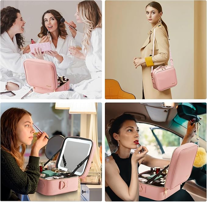 Mocado Travel Makeup Bag with LED Lighted Mirror,Travel Makeup Organizer,Makeup Case with 8 Makeup Brushes and 10x Magnifying Mirror,3 Colors Lighting, Adjustable Dividers Makeup Box(Pink)