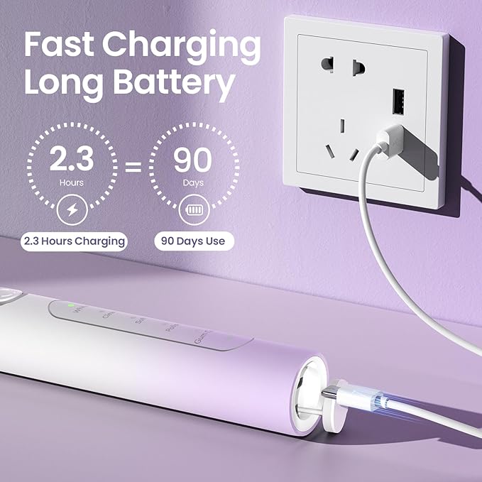 YUNCHI Electric Toothbrush for Adults and Kids, Travel Electric Toothbrush & Case, Sonic Rechargeable Toothbrushes, 90 Days, 8 Brush Heads, 2 Min Timer, IPX7 Waterproof, 5 Modes, Purple White Gradient