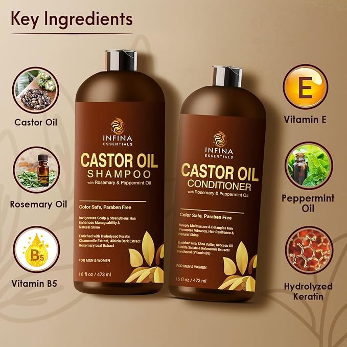 Castor Oil Shampoo and Conditioner Set for Hair Growth with Rosemary & Peppermint Oil - Cleanse Hair, Strengthen & Shine with Castor Shampoo and Conditioner - Anti-Hair Loss for Men & Women - 16 fl oz