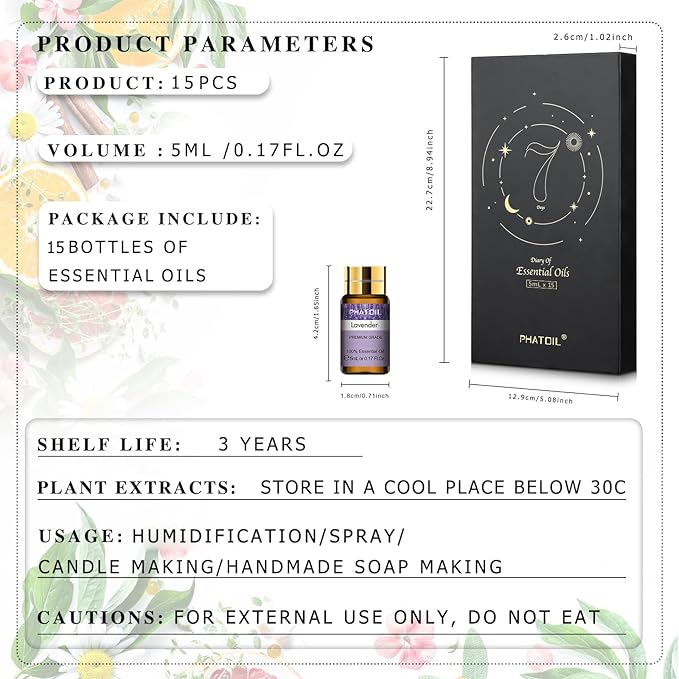 PHATOIL 15PCS Essential Oils Gift Set - Premium Quality 100% Natural Pure Essential Oils for Aromatherapy Diffuser Yoga Home Office Soap Candle Making- 5ml/Bottle