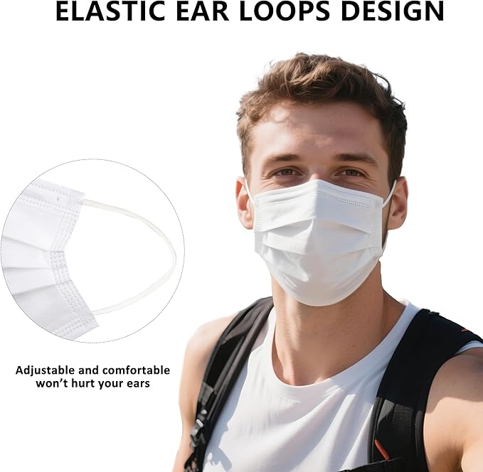 akgk 100PCS White Disposable Face Masks, 3-Ply Breathable White Face Mask For Adults