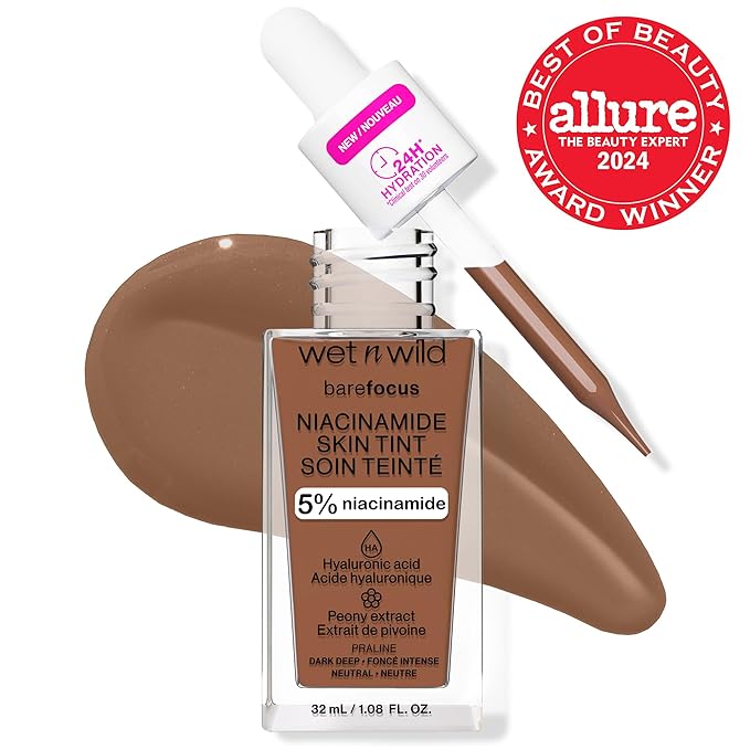wet n wild Bare Focus Skin Tint, 5% Niacinamide Enriched, Buildable Sheer Lightweight Coverage, Natural Radiant Finish, Hyaluronic & Vitamin Hydration Boost, Cruelty-Free & Vegan - Praline