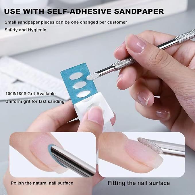 Pre-treatment Cuticle Pusher, Russian Prep Nail Pushers, Dual Ended Cuticle Remover with 100/180 Grit Sandpaper Sheets, Nail Care for Manicure Pedicure Nail Art