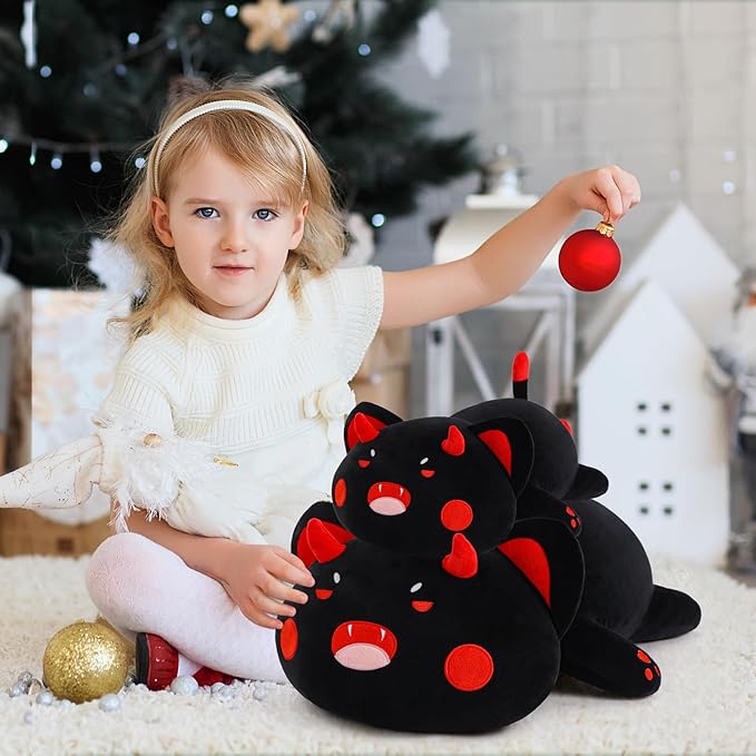 Black Cat Plush Pillow Kawaii Toy Cute Soft Cat Stuffed Animals Kitten Plushie Doll Great Gift for Kids and Adult Birthday Christmas Valentines, 20", Black Red