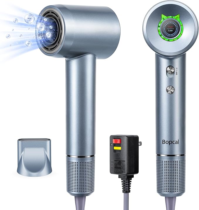 Bopcal Ionic Hair Dryer, 160000 RPM Brushless Motor, Smart Thermo-Control, Negative Ion Fast Drying, Quiet Lightweight Blow Dryer, Cold Air & 4 Heat Settings, for Home Travel Salon, Silver