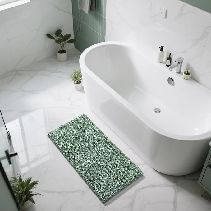 Yimobra Long Bathroom Rugs Non Slip Washable 44x24 Inch - Ultra Soft Absorbent Chenille Bath Mat, Quick Dry Shaggy Floor Carpet for Tub Shower, Green Home Decor Accessories