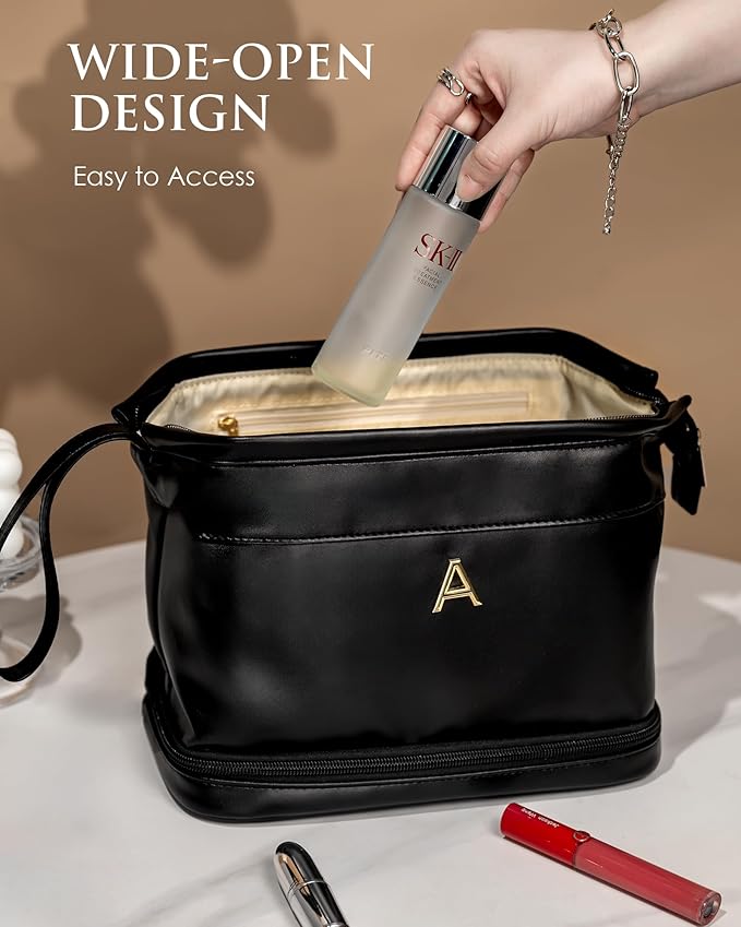 Travel Essentials for Friends Female Mom, Personalized Makeup Bag, Double Layer Cosmetic Bag with Makeup Brush Organizer, Waterproof, Large Capacity PU Leather Toiletry Bag Customized Gifts