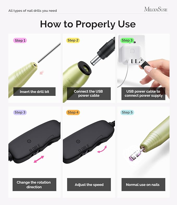 MelodySusie Pen-Shaped Portable USB Nail Drill, PC120I 20000RPM Electric Nail File with Compact Design for All Nail Care, Manicure Polishing, Shaping & Gel Removal at Home for Beginners