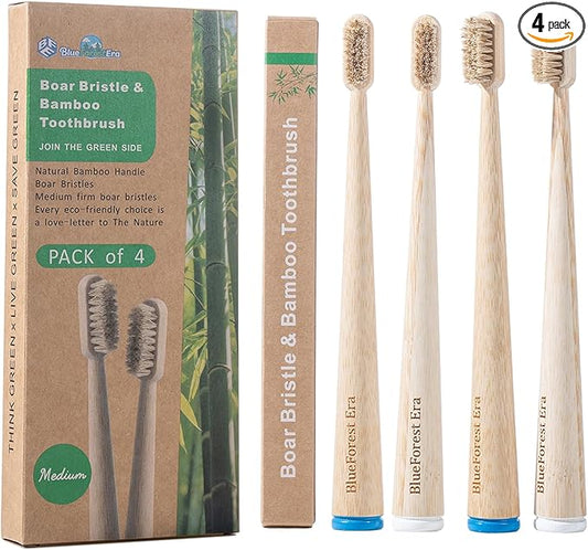 4 Pack Boar Bristles & Bamboo Toothbrush, Premium Natural Boar Bristle Toothbrushes for Adult, Plastic & Nylon Free, Fully Biodegradable Compostable Bamboo Tooth Brushes