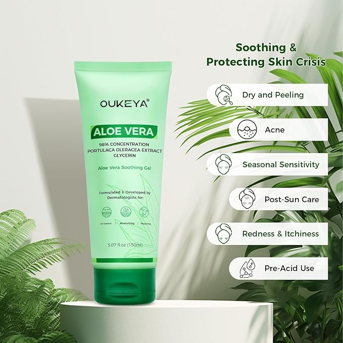 OUKEYA Aloe Vera Gel – Soothing, Hydrating, and Nourishing for Face & Body 5.07 Fl Oz | 98% Natural Aloe Vera, Pure & Organic for After Sunburn Relief, Skincare & Hair Hydration, Calming Moisturizing